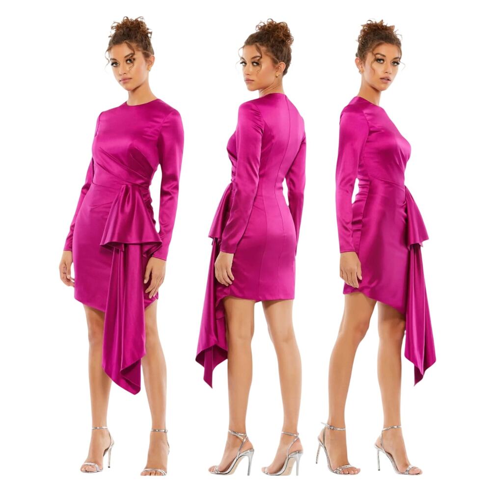 Mac Duggal NWT Satin Asymmetrical Draped Long Sleeve Mini Dress Size 6 Dark Pink